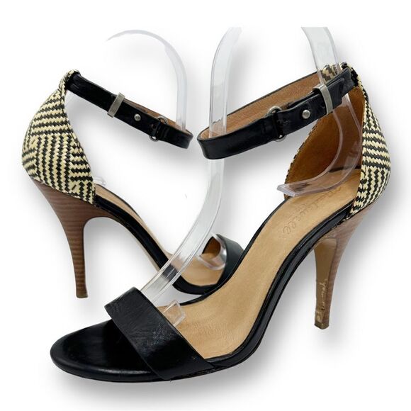 EUC Madewell Marcel Black Leather Sandals w/Woven Raffia Heels Sz 8.5 - Picture 2 of 16